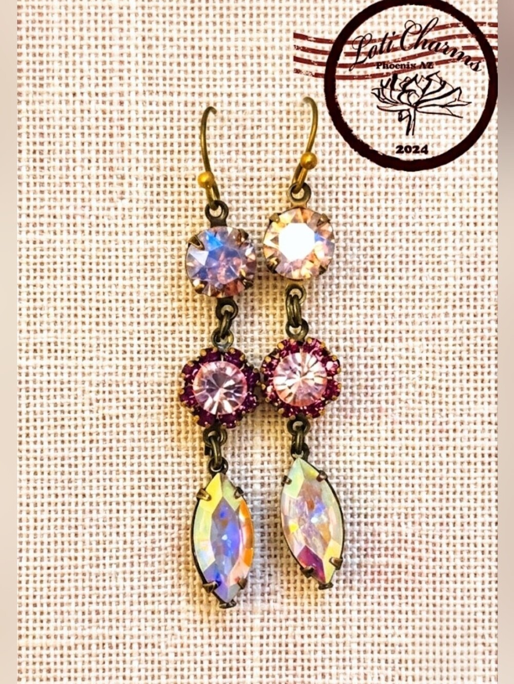 Pink Rose AB Flower Swarovski Crystals In Three Tier Brass Earrings